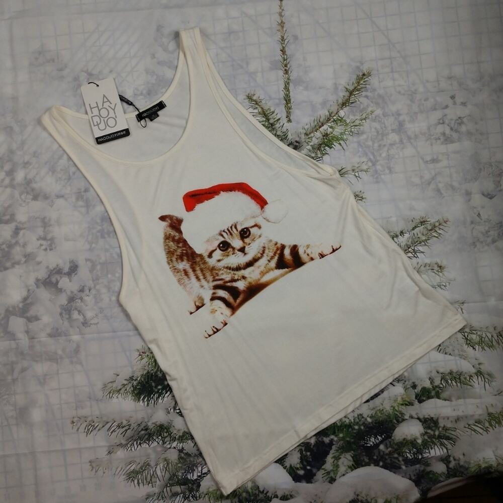 NWT Christmas Kitten White Tank Top Santa Hat Christmas Holiday size Medium